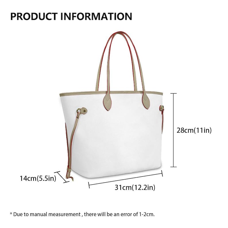 May include: White tote bag with tan trim and handles. The bag measures 12.2 inches wide, 11 inches high, and 5.5 inches deep. The handles are red and tan. The bag has a simple, clean design.