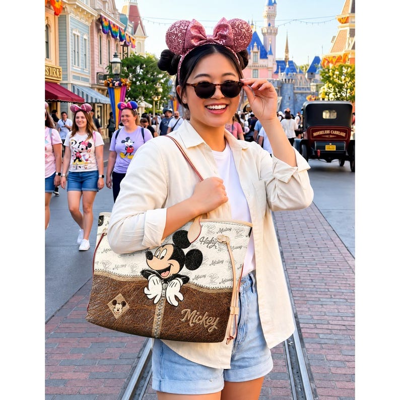 May include: A beige and brown tote bag featuring Mickey Mouse. The bag has a brown leather-like bottom section and a beige top section with a repeating pattern. The word "Mickey" is written in cursive. The bag is carried by a person wearing sunglasses.