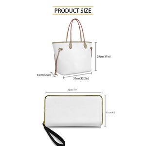 May include: White tote bag with brown handles and a matching wallet. The tote bag is 12.2 inches wide, 11 inches tall, and 5.5 inches deep. The wallet is 7.9 inches wide and 4.3 inches tall. The text "PRODUCT SIZE" is at the top.