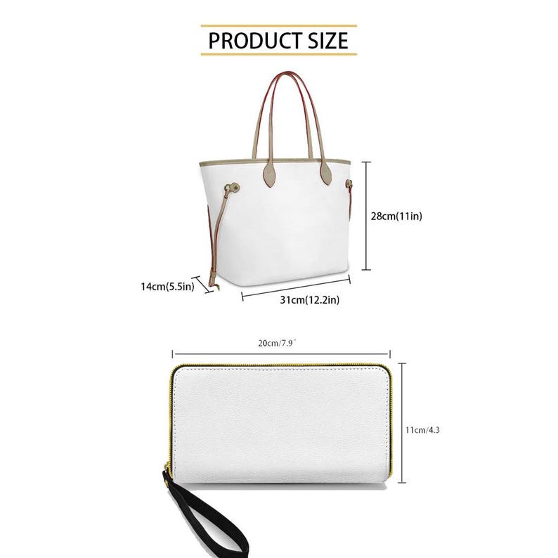 May include: White tote bag with brown handles and a matching wallet. The tote bag is 12.2 inches wide, 11 inches tall, and 5.5 inches deep. The wallet is 7.9 inches wide and 4.3 inches tall. The text "PRODUCT SIZE" is at the top.