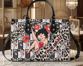 Borsa da donna in pelle con motivo Betty Boop, borsa per gli amanti di Betty Boop, borsa in pelle personalizzata, borsa personalizzata, regalo per la mamma, regalo per lei.