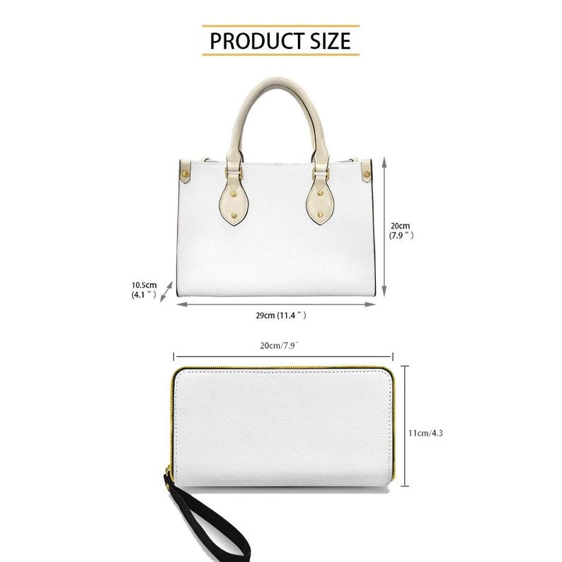 May include: White handbag with cream-colored handles and gold-toned hardware. The bag is 11.4 inches wide, 7.9 inches high, and 4.1 inches deep. A matching white wallet with a black wrist strap is also shown. The wallet is 7.9 inches wide and 4.3 inches high.