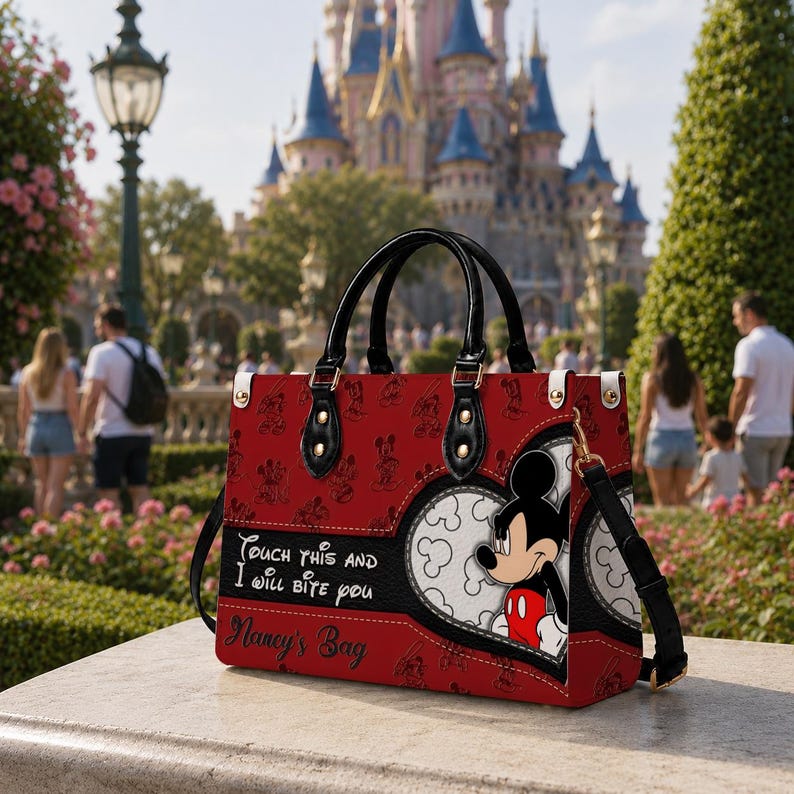 May include: A red handbag featuring a black Mickey Mouse graphic, a white heart-shaped pattern, and black handles. The bag displays the text "Touch this and I will bite you" and "Nancy's Bag" in black script. It includes gold-tone hardware and a strap.