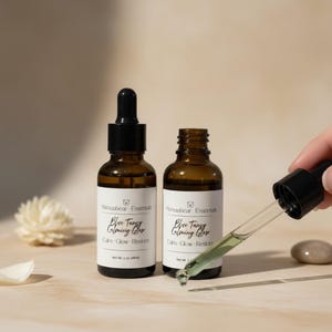 May include: Two amber glass bottles of facial serum with black droppers. The bottles have white labels with the text "Blue Tangy Calming Glow" and "Calm-Glow Restore". A dropper is held up with serum in it. The net weight is 1 oz (30ml).