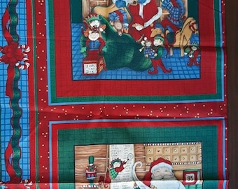 May include: A red and green fabric with a Christmas theme. The top image shows Santa Claus with elves in a room with a fireplace. The bottom image shows Santa Claus reading a list with elves around him.