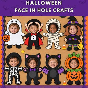Peut inclure: Un ensemble de huit modèles de bricolage Halloween avec des visages à découper, incluant un fantôme, vampire, momie, sorcière, squelette, chat, chauve-souris et citrouille. Le texte indique HALLOWEEN FACE IN HOLE CRAFTS et 8 FULL-COLOR + 8 B&W PAGES.
