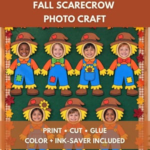 Puede incluir: Un proyecto de manualidades fotográficas de espantapájaros de otoño con siete figuras de papel con aberturas para rostros. Las figuras llevan camisas naranjas, petos azules y sombreros marrones con parches. Texto: FALL SCARECROW PHOTO CRAFT, PRINT, CUT, GLUE, COLOR.