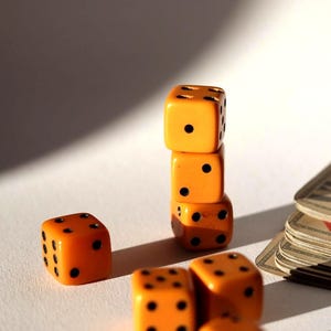 Könnte beinhalten: Orangefarbene Würfel mit schwarzen Punkten liegen auf einer weißen Oberfläche. Ein Stapel aus vier Würfeln steht aufrecht, während andere verstreut sind. Ein Kartenspiel ist im Hintergrund zu sehen. Klassisches Spielzubehör.