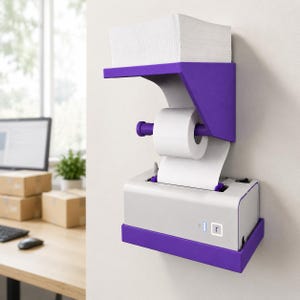 May include: A purple wall-mounted organizer featuring a top shelf holding a stack of white paper, a central rod with a roll of white paper, and a bottom section housing a white thermal printer with a small square icon and the letter r.