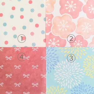 May include: A four-quadrant collage of patterned paper. Quadrant 1 features pink and blue polka dots on cream. Quadrant 2 shows pink and peach watercolor flowers. Quadrant 3 displays blue and yellow starbursts. Quadrant 4 has white bows on red.