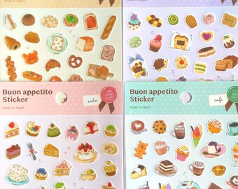 Puede incluir: Cuatro hojas de pegatinas Buon appetito con diversas ilustraciones de alimentos. Las hojas incluyen temas de pan, dulces horneados, pasteles y café con coloridas representaciones de pastelería, postres, café y aperitivos variados.