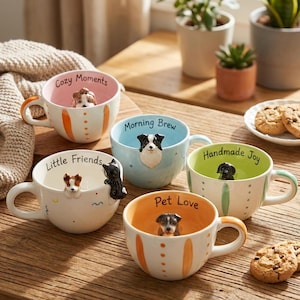 May include: A collection of ceramic mugs with dog-themed designs. Each mug features a different color scheme, a 3D dog figurine, and a unique phrase such as "Cozy Moments" or "Pet Love". The mugs have a white base with colorful accents.