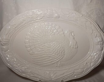 Vintage White Ceramic Turkey Serving Platter Large Size 19"x14" Santos Portugal