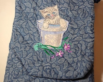 Hand Made Quilted Crossbody Handbag Purse Blue Embroidered CAT Pockets Charm
