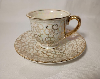 Vintage Homer Laughlin Demitasse Cup & Saucer, Gold Floral Iridescent Glaze