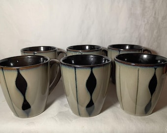 Sango Prelude Black 4508 Set Of 6 Stoneware Mugs Drip Glaze EUC