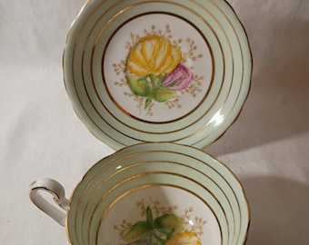 Antique VICTORIA English tea cup & SAUCER Pale Green 1920s-50s Discont Color