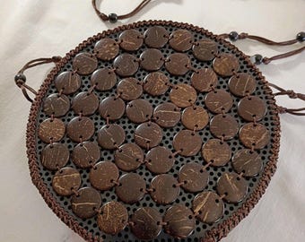 Vintage Coconut Shell Round Beaded Sling Bag – Embroidered Cotton Crossbody