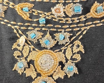 Vintage Jessica Howard Linen Dress Embroidered Beads Shells Natural Turquoise 12