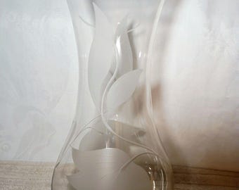 Vintage Krosno Poland Etched Cut Clear Art Glass Vase Floral 11.5'' Tall