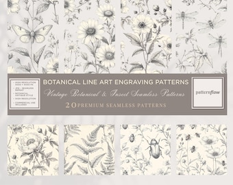 Motivi senza soluzione di continuità con linee botaniche / Illustrazioni floreali e di insetti vintage (JPG)