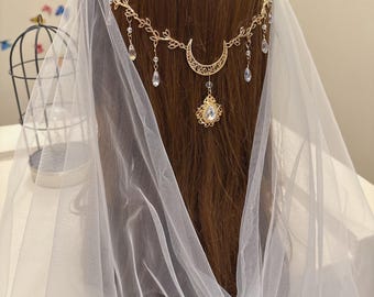 Bridal Crystal Moon Branch Hair Comb with Draped Veil – Fairy Wedding Accessory