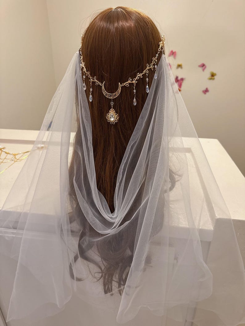 Bridal Crystal Moon Branch Hair Comb with Draped Veil – Fairy Wedding Accessory image 3