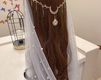 Bridal Crystal Moon Branch Hair Comb with Draped Veil – green Fairy Wedding Accessory