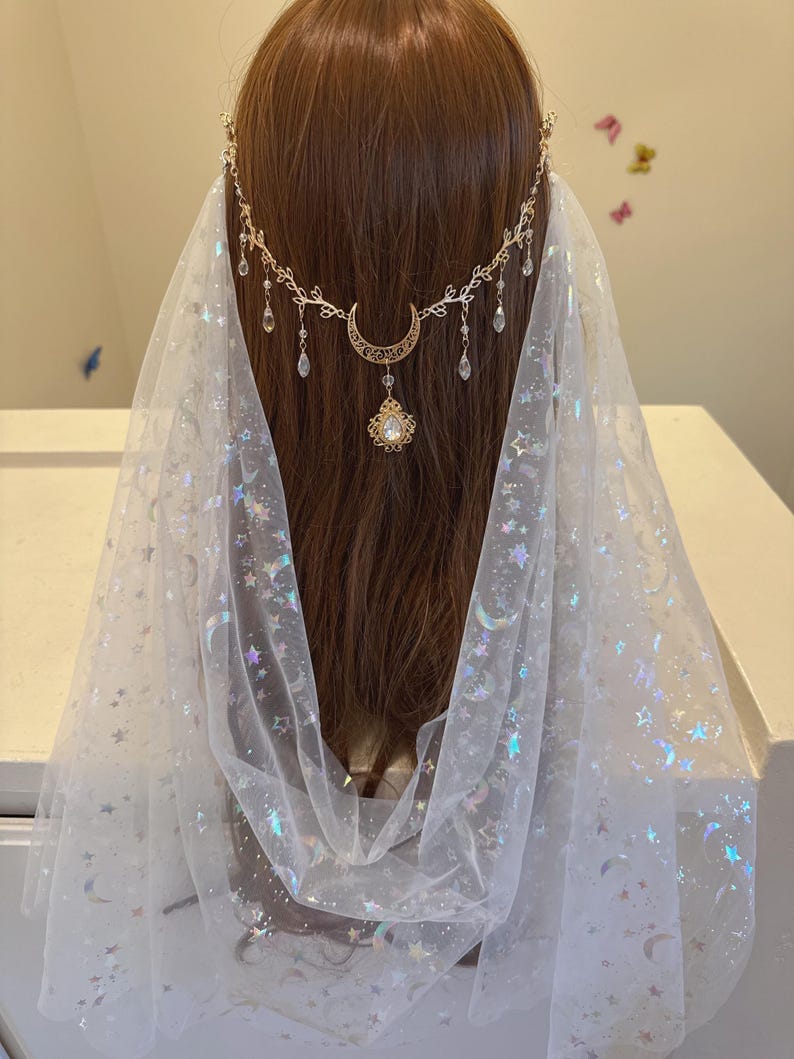 Bridal Crystal Moon Branch Hair Comb with Draped Veil – Fairy Wedding Accessory image 15