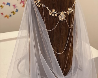 Vintage gold Flower hair chain Wedding Hair Comb with Draped Veil