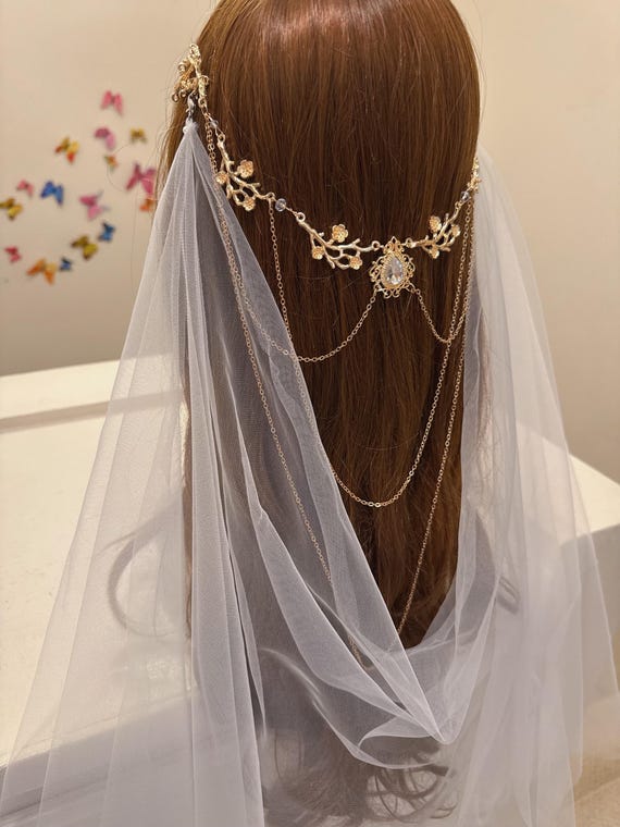 Vintage gold Flower hair chain Wedding Hair Comb with Draped Veil