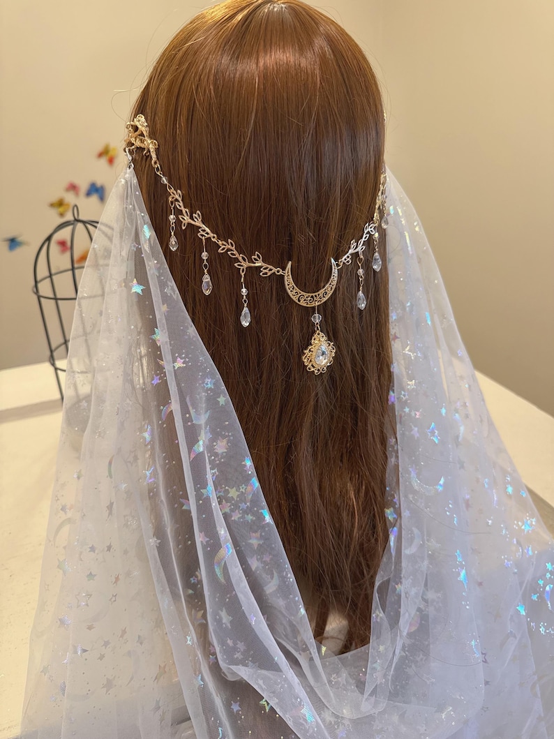Bridal Crystal Moon Branch Hair Comb with Draped Veil – Fairy Wedding Accessory image 16