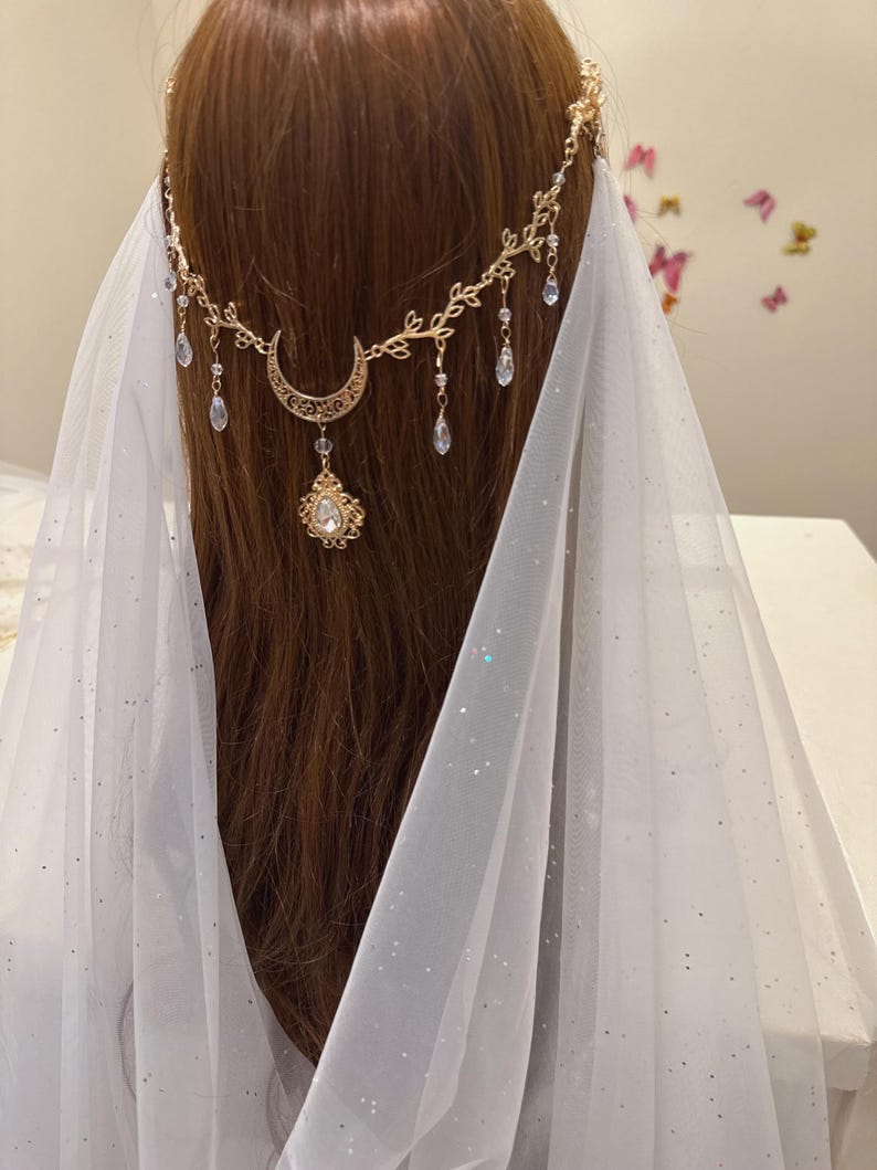 Bridal Crystal Moon Branch Hair Comb with Draped Veil – Fairy Wedding Accessory image 9