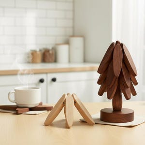 Könnte beinhalten: Ein hölzerner Topfuntersetzer und ein dekorativer Holzbaum. Der Topfuntersetzer ist aus hellem Holz gefertigt und teilweise geöffnet. Der Baum ist aus dunklem Holz gefertigt und hat einen runden Sockel. Eine weiße Kaffeetasse steht auf einem dunklen Holzuntersetzer. Der Topfuntersetzer hat einen Durchmesser von ca. 15 cm.