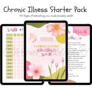 Peut inclure: Trois tablettes numériques affichant un pack de démarrage pour les maladies chroniques. La couverture présente des fleurs à l'aquarelle et un papillon. Le texte indique "Chronic Illness Starter Pack" et "147 Pages of everything you could possibly need!!!".