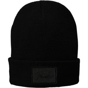 May include: Black knit beanie with a folded brim. A rectangular patch with the Fender logo is sewn on the front. The beanie is made of a soft, textured material.
