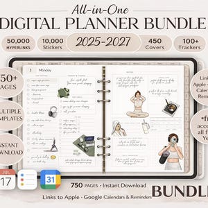 May include: Digital planner bundle with 750+ pages, multiple templates, and instant download. Includes 50,000 hyperlinks, 10,000 stickers, 450 covers, and 100+ trackers. Features access to future years and links to Apple and Google calendars.