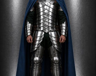 Armatura da cavaliere medievale con mantello blu, realizzata a mano, armatura completa in acciaio, costume da guerriero rinascimentale, armatura per rievocazioni LARP, costume LARP