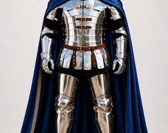 Set completo di armatura da cavaliere reale templare – Armatura in piastre d'acciaio con mantello blu, elmo, design guerriero/ LARP Cosplay, finitura in acciaio, decorazione cavaliere