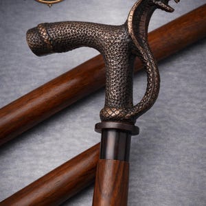 Vintage Snake Handle Walking Stick Cane | Handcrafted Wooden Gentleman’s Cane | Serpent Head Metal Handle | Gothic Victorian Walking Cane