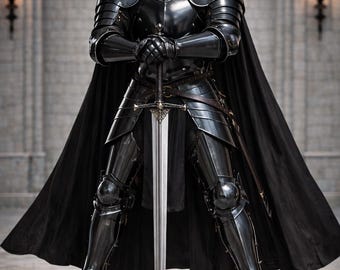 Set di armatura da cavaliere gotico nero – Armatura medievale completa con elmo e mantello nero – LARP / Cosplay / Riviera rinascimentale / Costume da esposizione