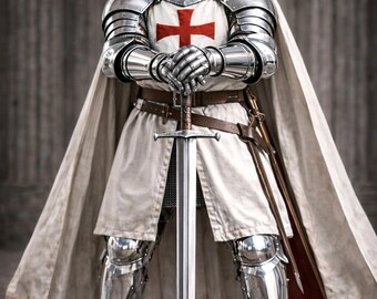 Set di armatura da cavaliere crociato templare, costume medievale completo con elmo, soprabito e mantello, fiera rinascimentale / LARP / Cosplay / Armatura da esposizione