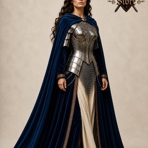 May include: A woman wearing a medieval costume. The outfit includes a silver breastplate, chainmail, and a long, flowing blue velvet cape with gold trim. The image has the text "Medieval Store".
