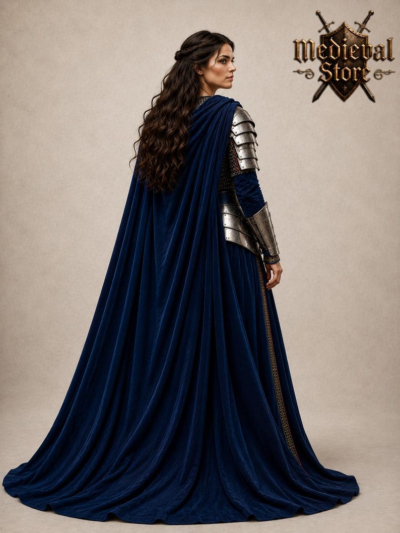 May include: A woman wearing a long, flowing navy blue velvet gown with a matching cape. The gown features silver metal armor on the shoulders and arms. The Medieval Store logo is visible in the upper right corner.
