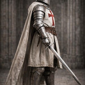 May include: A medieval knight in full armor, including a helmet, chainmail, and metal plating. The knight wears a white tunic with a red cross and a flowing cape. The knight holds a long sword. The image includes the text "Medieval Store".