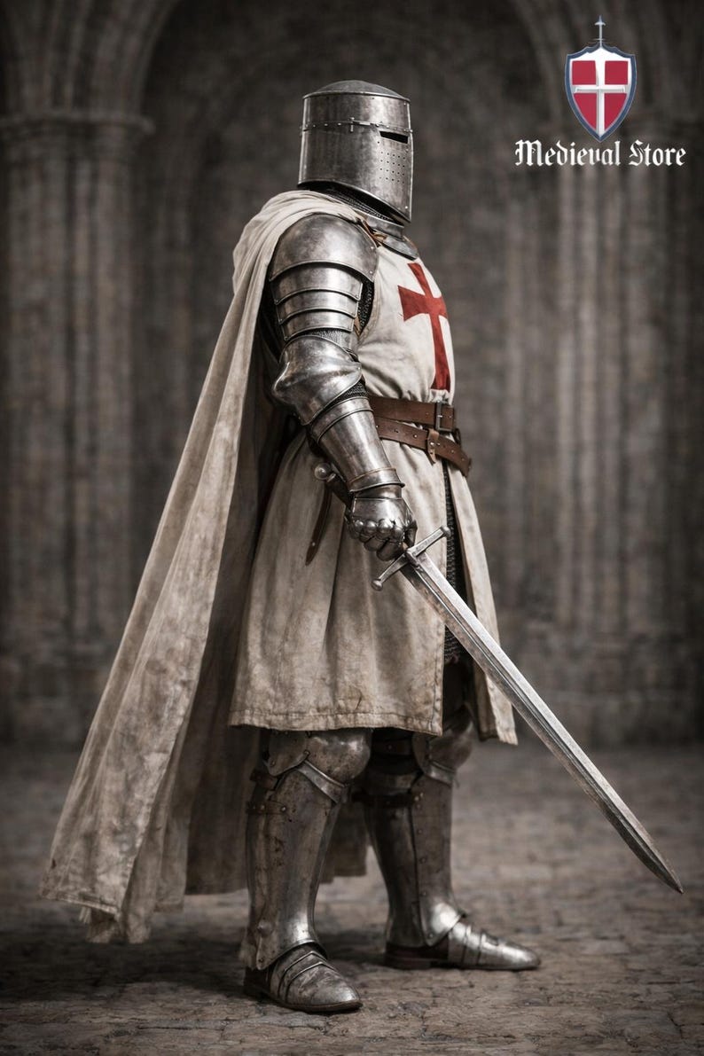 May include: A medieval knight in full armor, including a helmet, chainmail, and metal plating. The knight wears a white tunic with a red cross and a flowing cape. The knight holds a long sword. The image includes the text "Medieval Store".