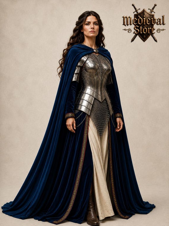 Medieval Queen Armor Set with Blue Female Knight Cosplay Renaissance Warrior Gown, Fantasy Princess Armor cosplay LARP, Halloween Outfit