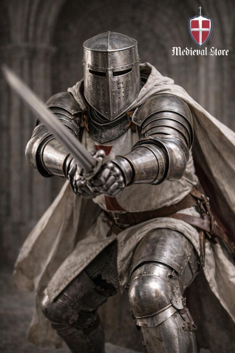 May include: A medieval knight in full armor, holding a long sword. The knight's helmet, shoulder plates, and leg guards are made of metal. A white cape and tunic with a red cross are visible. The image includes the text "Medieval Store".