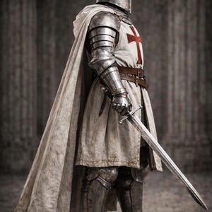 May include: A medieval knight in full armor, including a helmet, chest plate, and leg guards. The knight wears a white tunic with a red cross and a flowing cape. A sword is held in the right hand. The image has the text "Medieval Store" in the upper right corner.