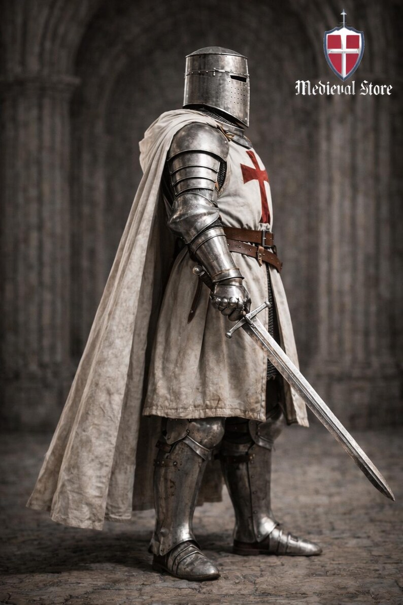 May include: A medieval knight in full armor, including a helmet, chest plate, and leg guards. The knight wears a white tunic with a red cross and a flowing cape. A sword is held in the right hand. The image has the text "Medieval Store" in the upper right corner.